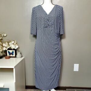 Lauren Ralph Lauren Dress Blue Geometric Ruched Jersey Sheath Stretch Size 14